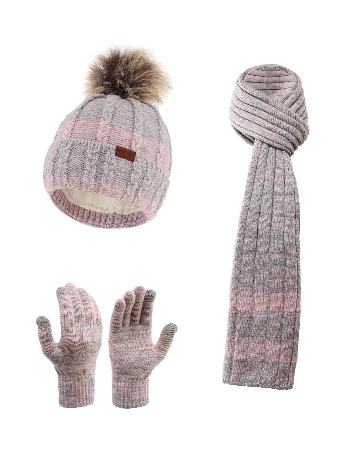 3 Pieces Winter Knit Beanie Hat Warm Scarf and Touch Screen Gloves Set Warmer Gloves Set with Fleece Lined Gray Pink
