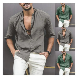 Solid Color Long Sleeve Button Stand Collar Men's Shirt