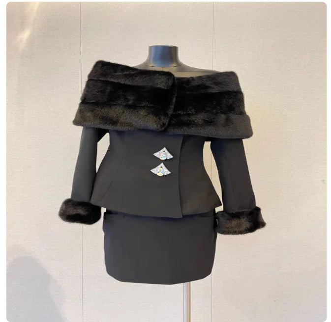 Off-Shoulder Faux Fur Coat &amp; Skirt Set