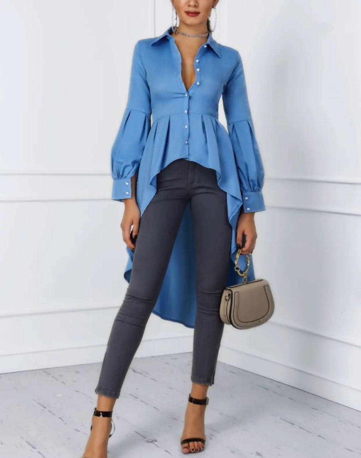 Solid Color Lantern Sleeve Tail Dress &amp; Button Shirt Dress