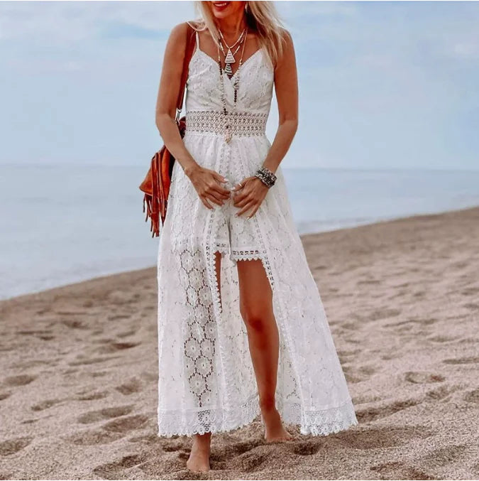 White Boho Lace Maxi Dress