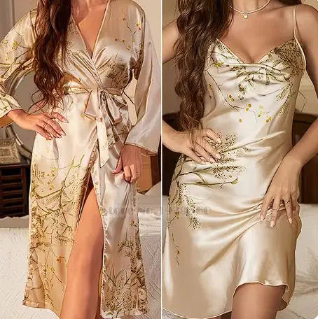 Cherry Print Satin Nightgown &amp; Robe Set