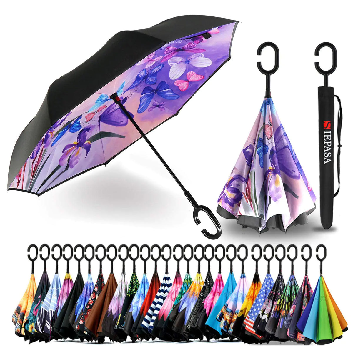 SIEPASA 49/56 Inch Inverted Reverse Upside Down Umbrella, Extra Large Double Canopy Vented Windproof Waterproof Stick Golf Umbrellas with C-shape Handle. Blue Butterfly 49 Inch