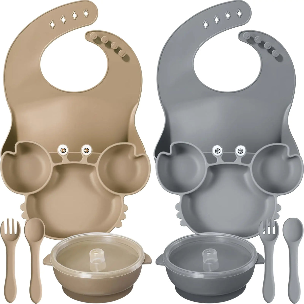 10 Pcs Baby Led Weaning Supplies Silicone Baby Feeding Set with Divided Plate Adjustable Bib Suction Bowl Soft Spoon Fork Toddler Self Eating Utensil Set (Khaki Dark Gray)