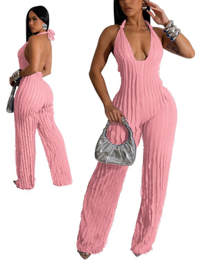 Doweha Sexy Summer Halter Jumpsuits for Women Dressy 2024 Backless V Neck One Pieces Wide Leg Long Pants Jumpsuits Romper Party Club Outfit Pink