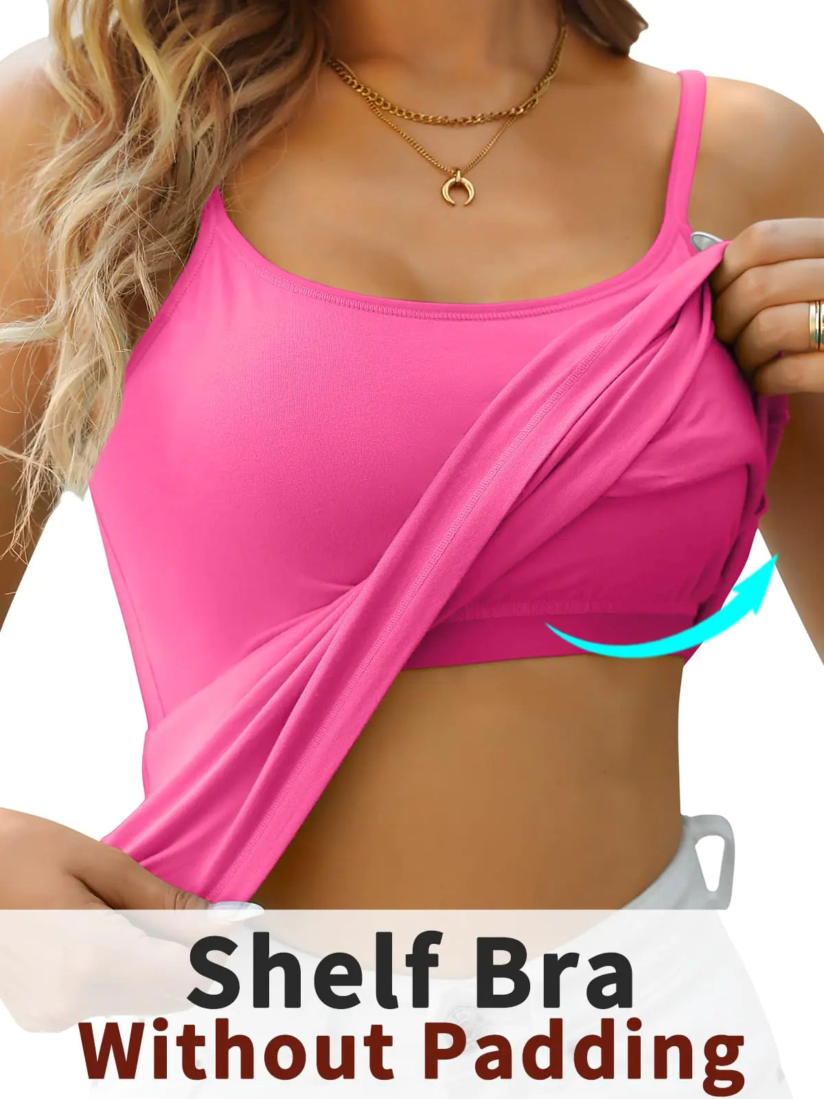 V FOR CITY Cotton Shelf Bra Camisoles Top for Women Adjustable Spaghetti Strap Tank Tops Basic Layer Camis 2 Pack Medium Black/Hot Pink