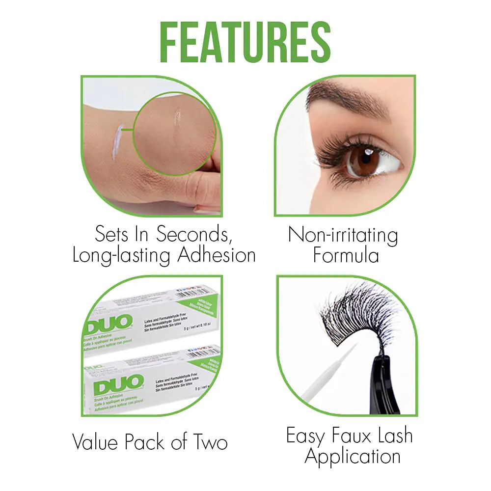 DUO Brush-On Strip Lash Adhesive with Vitamins A, C &amp; E, Clear, Non-Irritating, Fast Drying Lash Glue, Easy to Use, Safe for Sensitive Eyes and Skin, 0.18 oz, 2-Packs 0.18 Ounce (Pack of 2) Clear (Peggable)