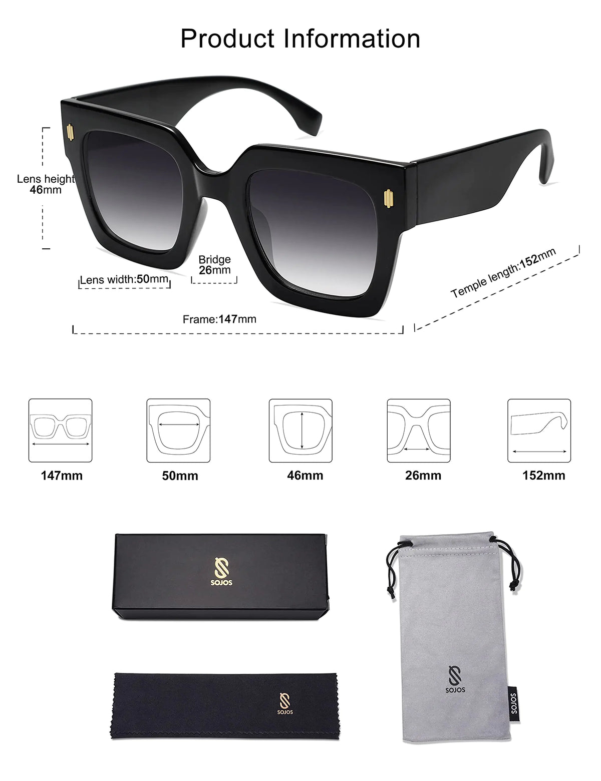 SOJOS Vintage Oversized Square Sunglasses for Women,Retro Womens Luxury Big Sun Glasses UV400 Protection SJ2194 Black