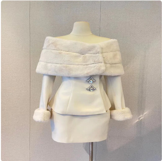 Off-Shoulder Faux Fur Coat &amp; Skirt Set